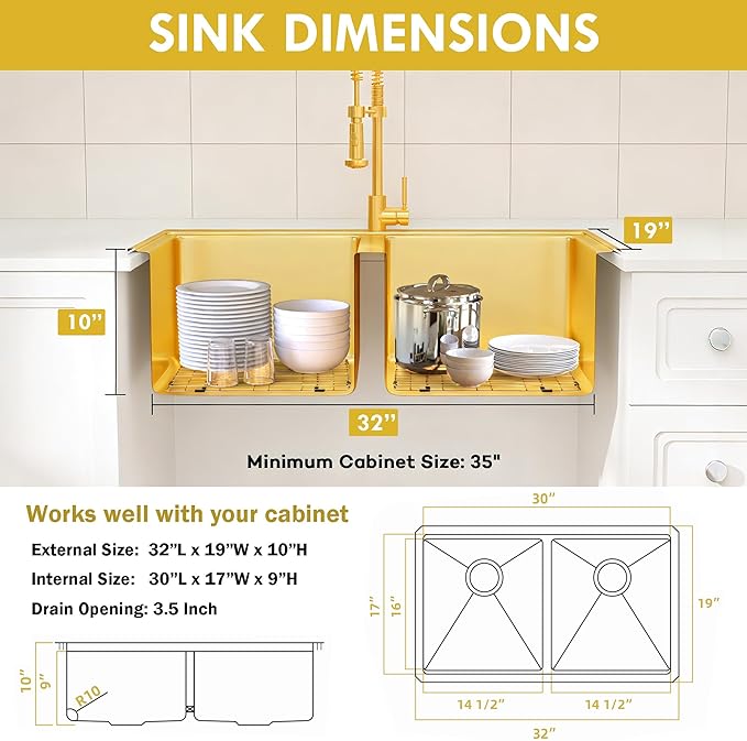 32 Inch Gold Sink Undermount Double Bowl, 16 Gauge 50/50 Double Bowl Stainless Steel Workstation Sink, 32"x19"x10" Large and Deep Kitchen Sink With Accessories