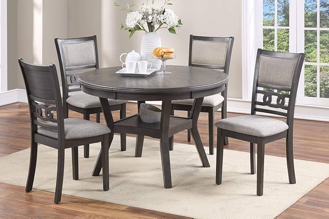 47" Classic Round Dining Table with Open Shelf, Kitchen Table with Robust Flared Legs, Elegant Restaurant Table with Sturdy Rubber Wood Construction for Living Room Kitchen Island Restaurant, Gray