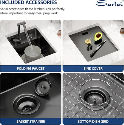 Sarlai Undermount Bar Sink, 15x18 Inch Undermount Outdoor Sink Workstation with Foldable Faucet Bar Prep Single Bowl Gunmetal Black 16 Gauge Stainless Steel Sinks with Cover BBQ Sinks Outside