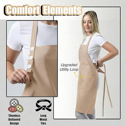 TOSHE Kitchen Apron Waterdrop Resistant Cotton Apron with adjustable Aprons for Women with Pockets 10 Color option Cooking Beige Apron(Beige)