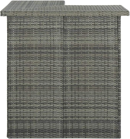 Corner Bar Table for Dining Room Kitchen Rectangular Gray Synthetic Rattan Steel Indoor Outdoor Space Saving Modern Design with 3 Storage Shelves