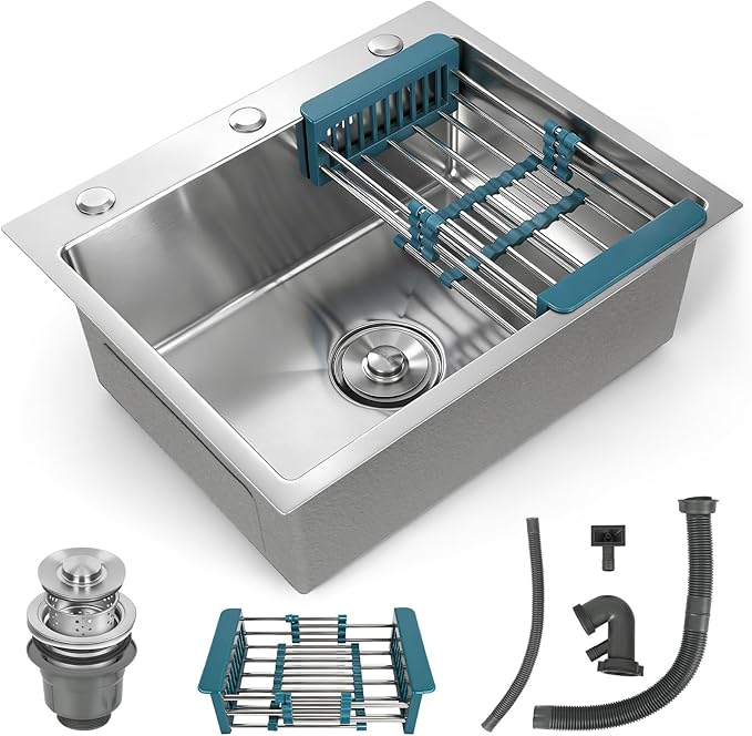 Silver Kitchen Sink, Stainless Steel Single Bowl Sink, Drop In/Topmount Workstation Sink with Retractable Drain Basket, for Bar, Kitchen, Balcony, RV (21.6 * 17.7in)