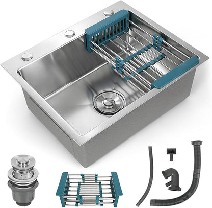 Silver Kitchen Sink, Stainless Steel Single Bowl Sink, Drop In/Topmount Workstation Sink with Retractable Drain Basket, for Bar, Kitchen, Balcony, RV (21.6 * 17.7in)