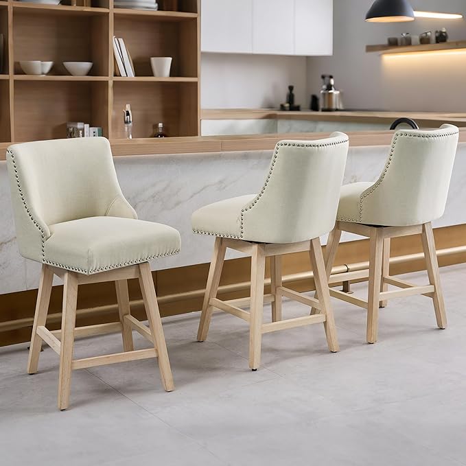 Counter Height Swivel Bar Stools Set of 6, Modern Linen Fabric Swivel Barstools with Back and Wood Legs, Upholstered 26" Seat Height Counter Stools for Kitchen Island, Home Bar, Beige