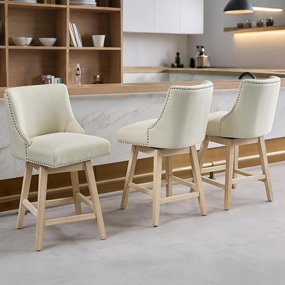 Counter Height Swivel Bar Stools Set of 6, Modern Linen Fabric Swivel Barstools with Back and Wood Legs, Upholstered 26" Seat Height Counter Stools for Kitchen Island, Home Bar, Beige