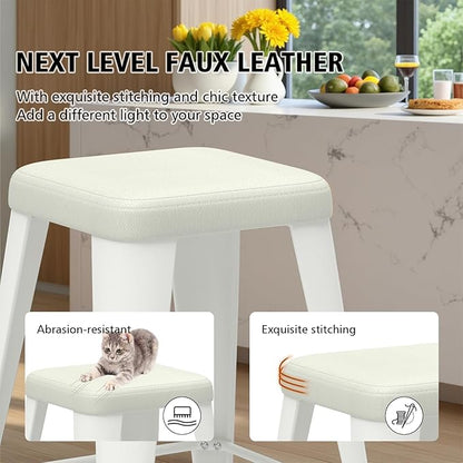 Backless Bar Stools Set of 2, Upholstered Faux Leather Counter Height Stools with Sturdy Metal Legs, 26 Inch Barstools for Kitchen Island (White)