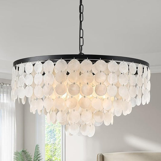 24" Capiz Shell Chandelier 5 Light Dining Room Light Fixture Black Coastal Chandeliers for Dining Room Bathroom,Bedroom,Entryway and Foye