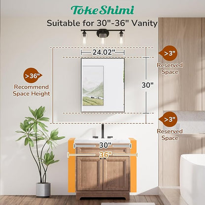 TokeShimi 24x30 Bathroom Mirrored Medicine Cabinet, Recessed Medicine Cabinet with Mirror, Aluminum Framed Brushed Nickel Mirror with Storage Adjustable and Quiet Hinge