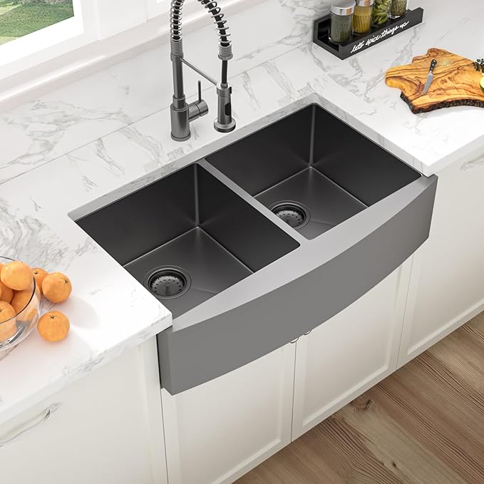 Sarlai Black Farmhouse Sink 33 Inch Double Bowl - 33x21 inch Apron Front Kitchen Sink Double Bowl 50/50 Gunmetal Black Stainless Steel 16 Gauge Round Corner Farm Farmer Kitchen Sinks