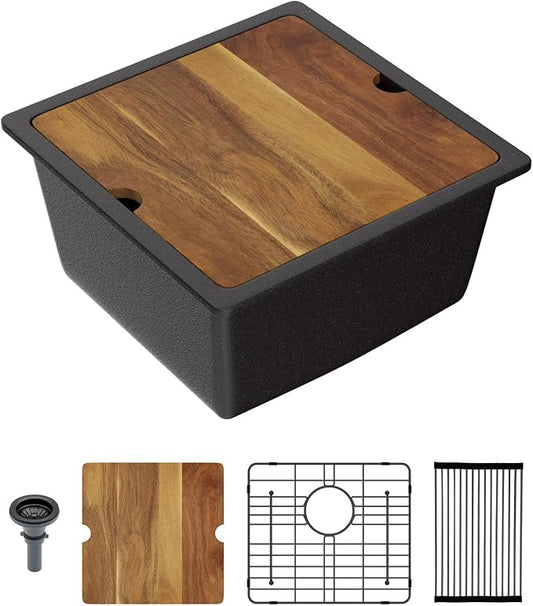 Lordear 18 Inch Black Granite Composite Kitchen Sink Workstation 18x18 Matte Black Undermount Quartz Sinks Under Counter Single Bowl Sink with Black Accessories