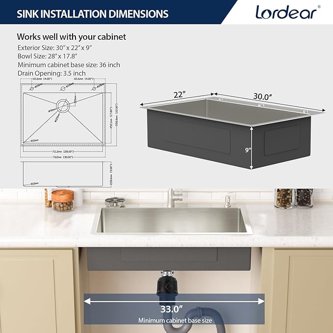 Lordear 30 Inch Drop In Kitchen Sink with Faucet 16 Gauge Stainless Steel Single Bowl Kitchen Sink with Glass Rinser, Pull-out Faucet, and Soap Dispenser #T30229-F16030SS