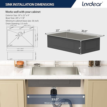Lordear 30 Inch Drop In Kitchen Sink with Faucet 16 Gauge Stainless Steel Single Bowl Kitchen Sink with Glass Rinser, Pull-out Faucet, and Soap Dispenser #T30229-F16030SS