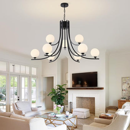 Black Farmhouse Chandelier Modern Sputnik Chandelier for Dining Room Mid Century Chandelier Dining Room Light Fixtures with Withe Glass Globe Shades for Foyer Living Room Kitchen Island
