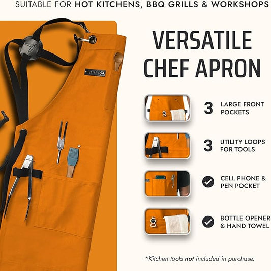 Asaya Chef and BBQ Apron with Bottle Opener and Hand Towel - 10oz Cotton Canvas, Stainless Steel Hardware - Cross Back Straps