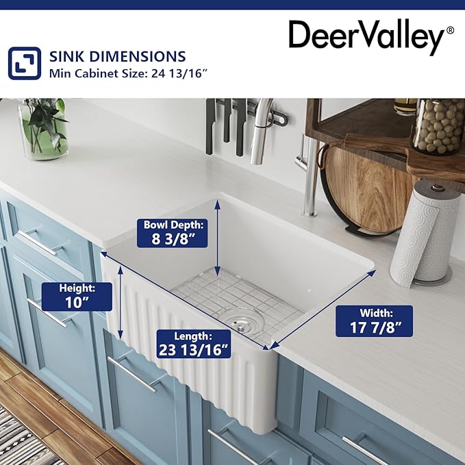 DeerValley Farmhouse Single Kitchen Sink, 24" L x 18" W White Reversible Single Bowl Farm Sink with Apron Front Ceramic Kitchen Sinks with Grid & Strainer