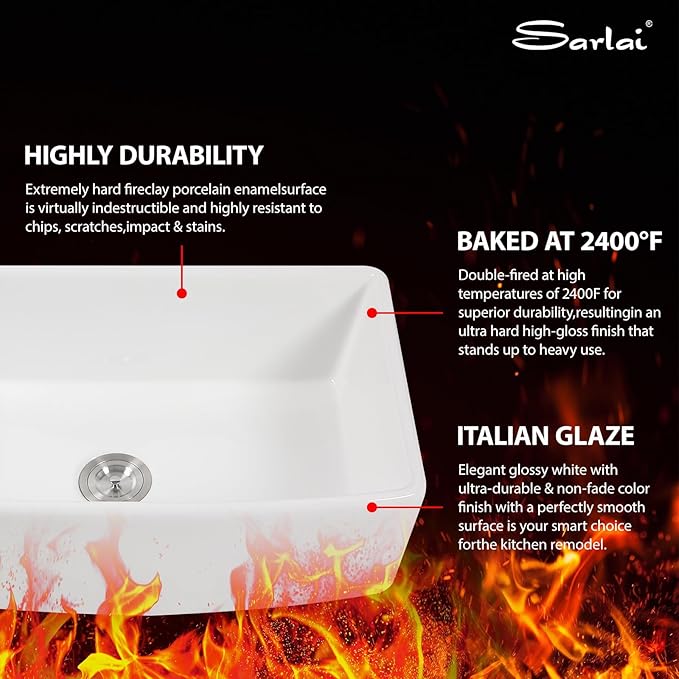 Sarlai 33 White Farmhouse Kitchen Sink Curved Apron - 33 Inch Apron Front Kitchen Sinks White Ceramic 33x19 Single Bowl Porcelain Vitreous Fireclay Farm Sink Basin