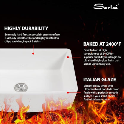 Sarlai 33 White Farmhouse Kitchen Sink Curved Apron - 33 Inch Apron Front Kitchen Sinks White Ceramic 33x19 Single Bowl Porcelain Vitreous Fireclay Farm Sink Basin