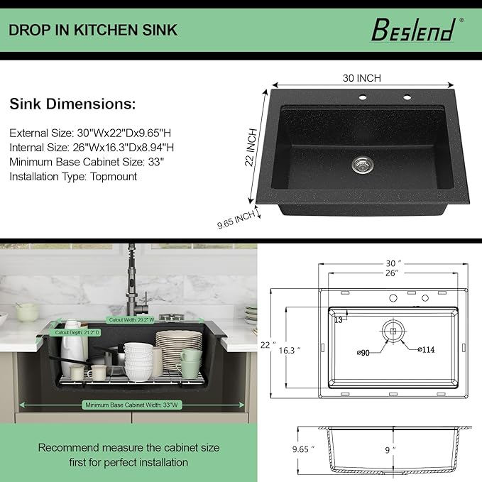 30 Granite Composite Kitchen Sink - Beslend 30x22 Drop In Black Kitchen Sink with High Pressure Glass Rinser, Granite Composite Worksation Black Sinks Easy Clean Quartz Basin for Kitchen Remodel