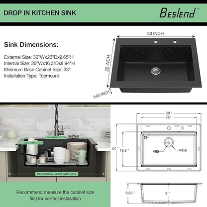 30 Granite Composite Kitchen Sink - Beslend 30x22 Drop In Black Kitchen Sink with High Pressure Glass Rinser, Granite Composite Worksation Black Sinks Easy Clean Quartz Basin for Kitchen Remodel