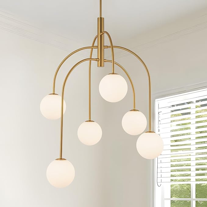 LamQee 6 Lights Mid Century Modern Chandelier, Milk Glass Globe Chandelier Light Fixture with Gold Metal & White Ball, Large Pendant Lighting Ceiling Hanging for Dining Room Kitchen Island Entryway