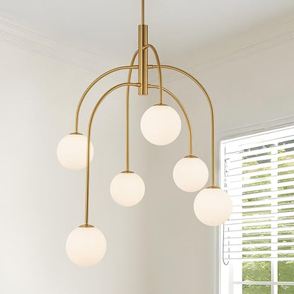 LamQee 6 Lights Mid Century Modern Chandelier, Milk Glass Globe Chandelier Light Fixture with Gold Metal & White Ball, Large Pendant Lighting Ceiling Hanging for Dining Room Kitchen Island Entryway