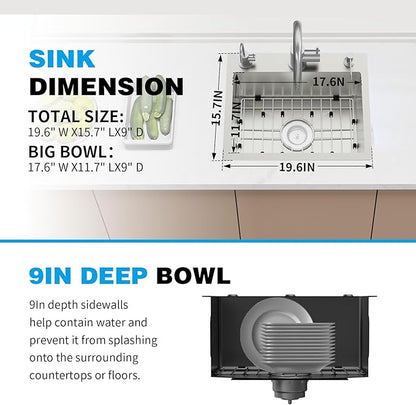 Kitchen & Bar Sink,19.7x15.7Inch Stainless Steel Drop In Small Kitchen&Bar Sink Ideal Choice For Small Space With Bottom Grid,Drain Basket And Drain Assembly Serve Both Kitchen&Bar