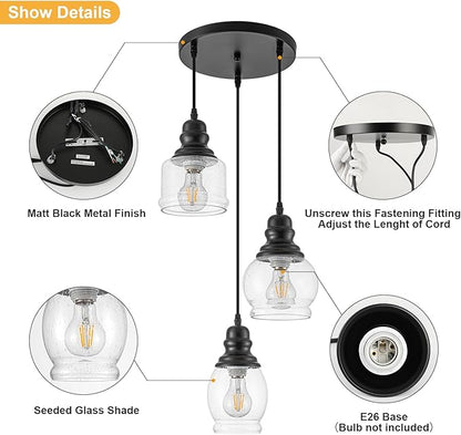 WILON Pendant Light Fixtures, 3 Light Pendant Lighting for Kitchen Island Industrial Hanging Pendant Lighting with Seeded Glass Shade, Black Glass Pendant Light for Dining Room Kitchen Island