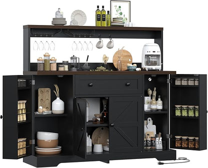 VVFLU Hutch Storage Buffet Cabinet with Drawers, and Charging Station, Coffee Bar Cabinet with Barn Doors, Wine Rack and Hooks, White Wood Sideboard Buffet for Kitchen, Dining Room, 47.8" High