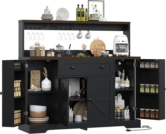 VVFLU Hutch Storage Buffet Cabinet with Drawers, and Charging Station, Coffee Bar Cabinet with Barn Doors, Wine Rack and Hooks, White Wood Sideboard Buffet for Kitchen, Dining Room, 47.8" High