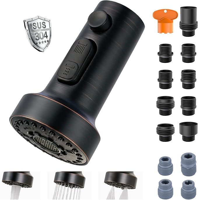 Stainless Steel Kitchen Faucet Head: ARCORA 3-Function Kitchen Faucet Head Replacement with 13 Adapters - Oil Rubbed Bronze Pull Down Spray Head Compatible with Moen, Delta, American Standard Faucets