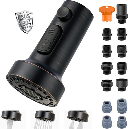 Stainless Steel Kitchen Faucet Head: ARCORA 3-Function Kitchen Faucet Head Replacement with 13 Adapters - Oil Rubbed Bronze Pull Down Spray Head Compatible with Moen, Delta, American Standard Faucets