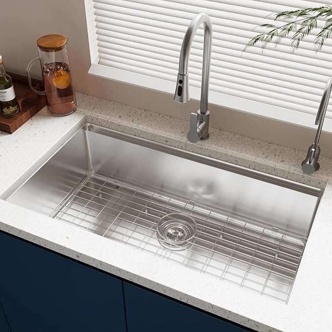 33 Undermount Kitchen Sink Modern - 33x22 Drop-in Kitchen Sinks, 18 Gauge 304 Stainless Steel Workstation Sink, Deep Single Bowl, Dual Mount, Handmade Basin, 9 Inch Deep, Built-In Accessories