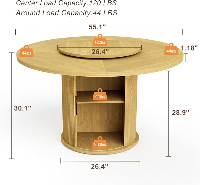55 inch Round Dining Table for 4-6, Round Wooden Dining Table with Rotating Tabletop Tray & Sliding Door Base, Modern Farmhouse Kitchen Table with 2 Tier Storage Shelf for Kitchen Living Room, Natural