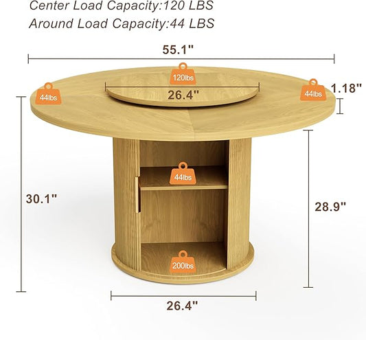 55 inch Round Dining Table for 4-6, Round Wooden Dining Table with Rotating Tabletop Tray & Sliding Door Base, Modern Farmhouse Kitchen Table with 2 Tier Storage Shelf for Kitchen Living Room, Natural