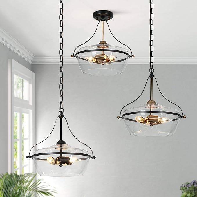 KSANA Black and Gold Chandelier, 3-Light Mid-Century Modern Pendant Lighting Fixture with Clear Glass and Electroplated Brass Accents for Dining Room, Kitchen and Bedroom