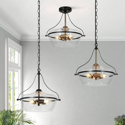 KSANA Black and Gold Chandelier, 3-Light Mid-Century Modern Pendant Lighting Fixture with Clear Glass and Electroplated Brass Accents for Dining Room, Kitchen and Bedroom