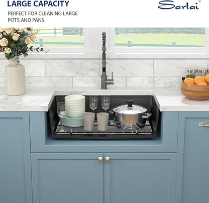 Sarlai 33 Granite Composite Kitchen Sink - 33 x 19 inch Black Undermount Granite Sink Ledge Workstation Matte Black Granite Composite Quartz Single Bowl Under Counter Sinks Basin