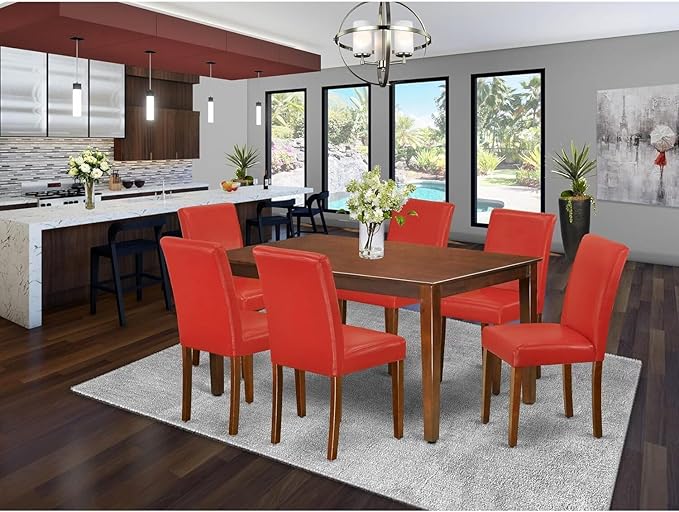 HomeStock 7 Piece Kitchen Table & Chairs Set Consist of a Rectangle Dining Room Table and 6 FireBrick Red Faux Leather Upholstered Chairs, 36x60 Inch, Mahogany