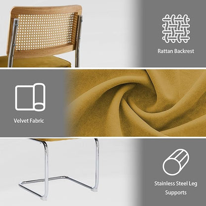 Rattan Back Velvet Dining Chair Set of 6 Modern Breuer Designed Stainless Chrome Base Armless Upholstered Dining Chair for Dining Room, Kitchen Island(Gold)