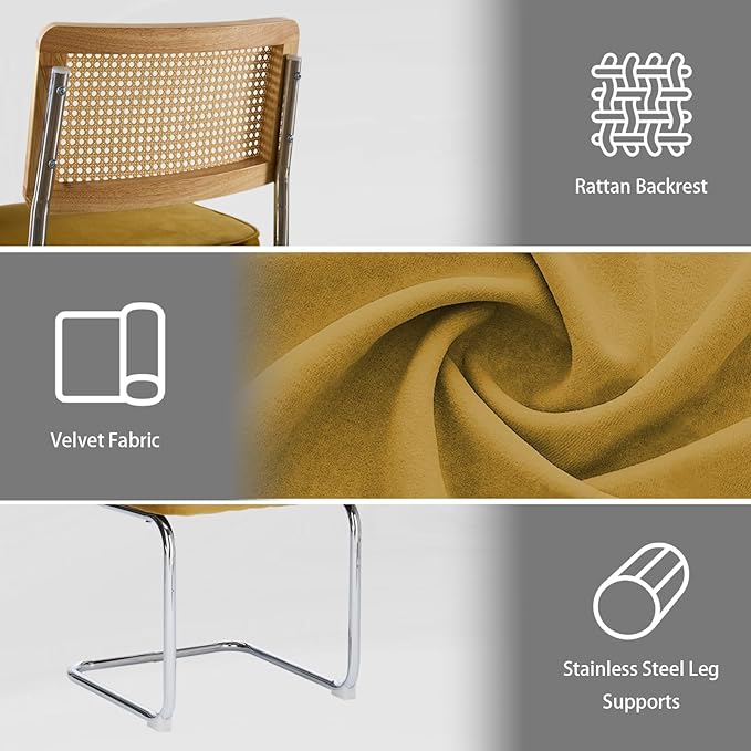Rattan Back Velvet Dining Chair Set of 4 Modern Breuer Designed Stainless Chrome Base Armless Upholstered Dining Chair for Dining Room, Kitchen Island(Gold)