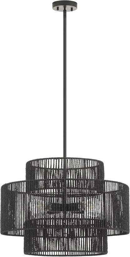 24” Boho Hand Woven Rattan Chandelier 3 Round Adjustable 4-Light Large Pendant Light for Kitchen Island Dining Room Living Room Hallway, Black, UL Listed