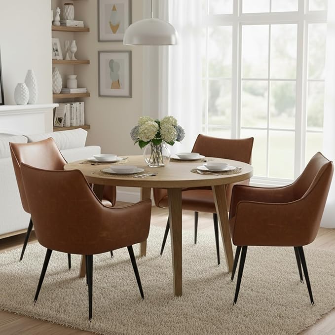 Brown PU Leather Chair, Upholstered Dining Room Chairs with Arms Set of 2 Mid Century Modern Kitchen Chair with Black Metal Legs Comfy Desk Armchair for Restaurant