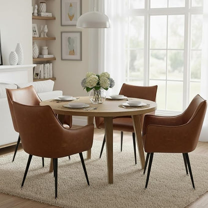 Brown PU Leather Chair, Upholstered Dining Room Chairs with Arms Set of 2 Mid Century Modern Kitchen Chair with Black Metal Legs Comfy Desk Armchair for Restaurant