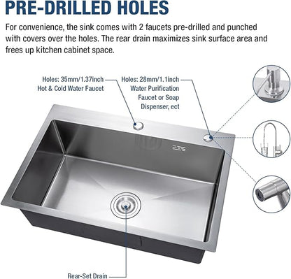 30" x 18" x 9" Topmount Kitchen Sink, 304 Stainless Steel Drop in Single Bowl Sink with Basket Strainer for RV, Travel Trailer, Garage(Nano)