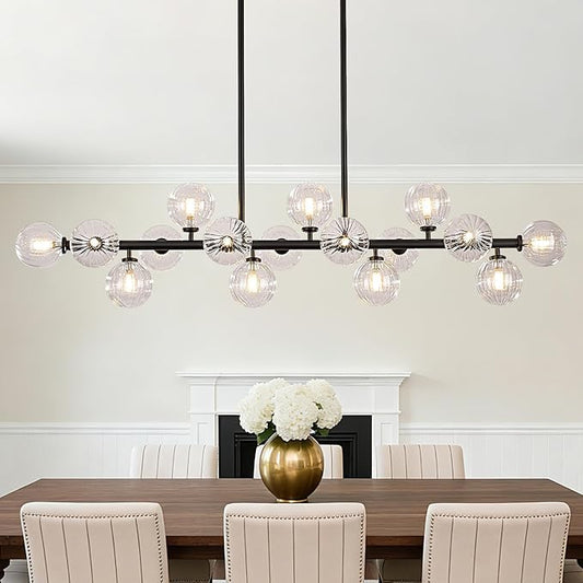 56 Inch Black Linear Chandeliers for Dining Room, Kitchen Island, Living Room, 16-Light Mid Century Modern Light Fixture Over Table, Large Clear Glass Globe Sputnik Bubble Chandelier