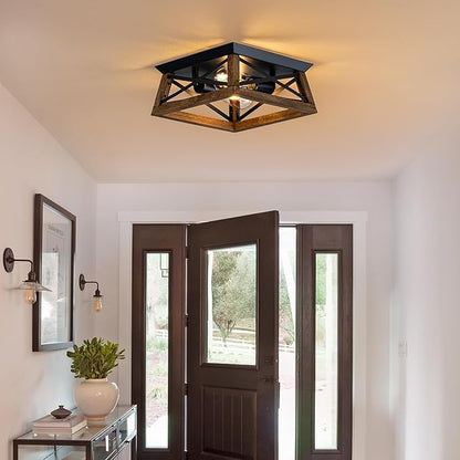 2-Light Farmhouse Light Fixture, Rustic Ceiling Light with Wood and Metal Design, Wood Ceiling Light for Kitchen, Hallway, Entryway, Cabinet, Living Room