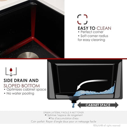 Stylish 30 x 21 Inch Farmhouse Composite Granite Apron Front Workstation Kitchen Sink, Single Bowl Undermount/Flush-Mount, 10 in Deep, with Cutting Board, Colander & Strainer, Black, S-830WN