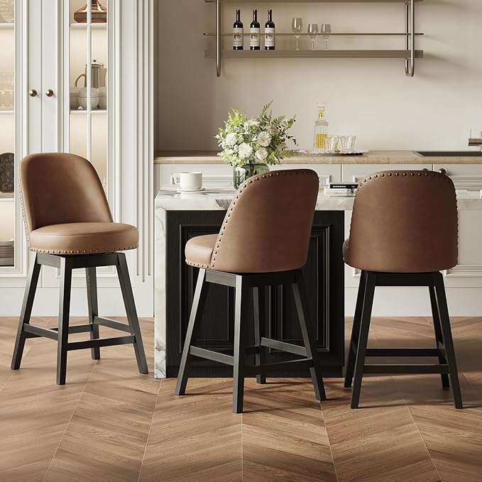 MALOL Swivel Bar Stools Set of 3, PU Leather Mid Century Mondern Barstools, 26 inch Counter Height Bar Chairs with Solid Back and Wood Legs, for Kitchen Island，Brown