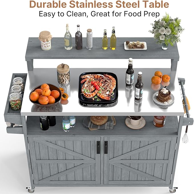 Zevemomo Outdoor Grill Cart with Raised Shelf, Stainless Steel Tabletop Outdoor Kitchen Island, Outdoor Buffet Cabinet with Lockable Wheels, Internal Storage Rack, Spice Rack for Grilling, Grey Blue
