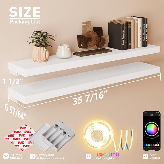 BAMEOS RGB LED Floating Shelves for Wall, 35" Wall Mounted Wooden Shelves with Invisible Brackets, Set of 2, Hanging Wall Shelves for Bedroom, Living Room, Kitchen, Study (White)